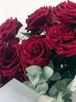 9 roses with eucalyptus