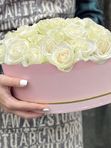 35 white roses in a pink box