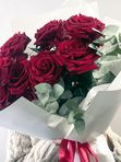 9 roses with eucalyptus