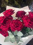 9 roses with eucalyptus
