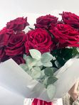 9 roses with eucalyptus