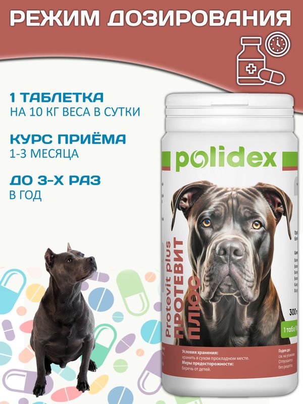 Polidex Protevit Plus для собак Кормовая добавка для увеличения мышечной массы Полидек Протевит Плюс, 300 таб