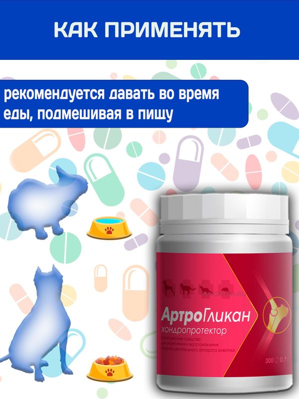 Кормовая добавка, хондропротектор нового поколения, улучшающая состояние печени и сердца у кошек, собак, крыс и хорьков АртроГликан (Биоцентр), 300таблеток