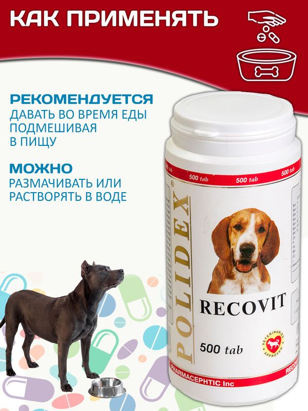 Polidex Recovit кормовая добавка для восстановления организма собак после укуса клеща, операций, травм, потерь крови Полидекс Рековит,500таб