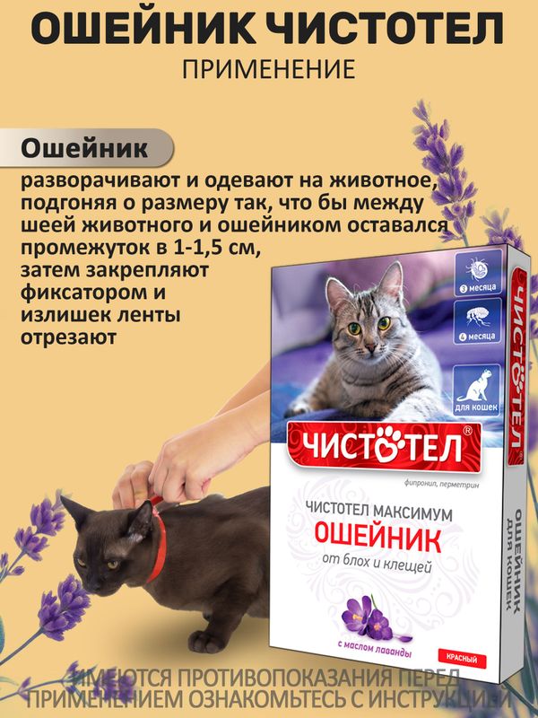 Ошейник от блох и клещей с маслом лаванды для кошек красный, 40см Чистотел Максимум (Экопром) Фипронил/Перметрин