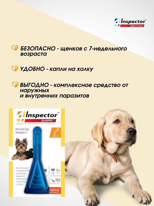 Капли от клещей блох глистов для собак Inspector Quadro до 4 кг, 3 пипетки