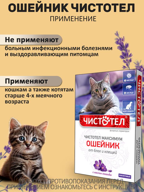 Ошейник от блох и клещей с маслом лаванды для кошек фиолетовый, 40см Чистотел Максимум (Экопром) Фипронил/Перметрин