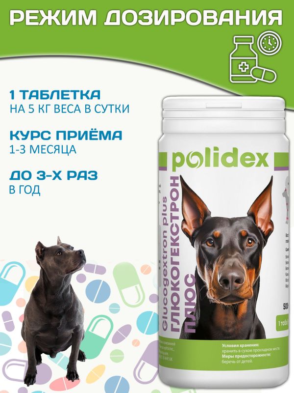 Polidex Glucogextron PLUS кормовая добавка для собак для профилактики повреждений и восстановления суставов, связок, сухожилий, соединительной ткани Полидекс Глюкогекстрон Плюс, 500таб