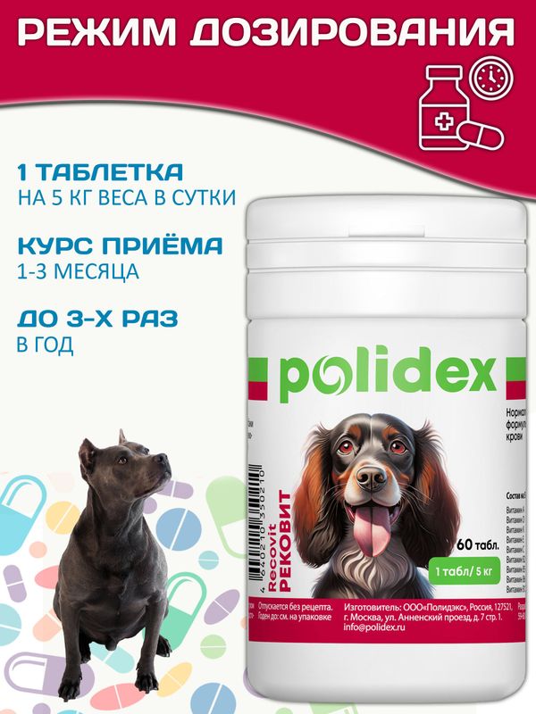 Polidex Recovit кормовая добавка для восстановления организма собак после укуса клеща, операций, травм, потерь крови Полидекс Рековит, 60 таб