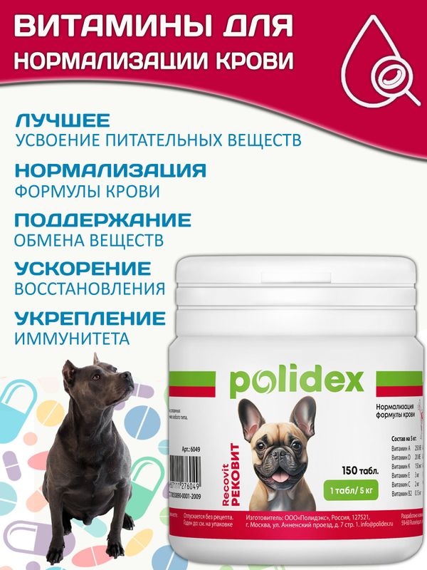 Polidex Recovit кормовая добавка для восстановления организма собак после укуса клеща, операций, травм, потерь крови Полидекс Рековит, 150 таб