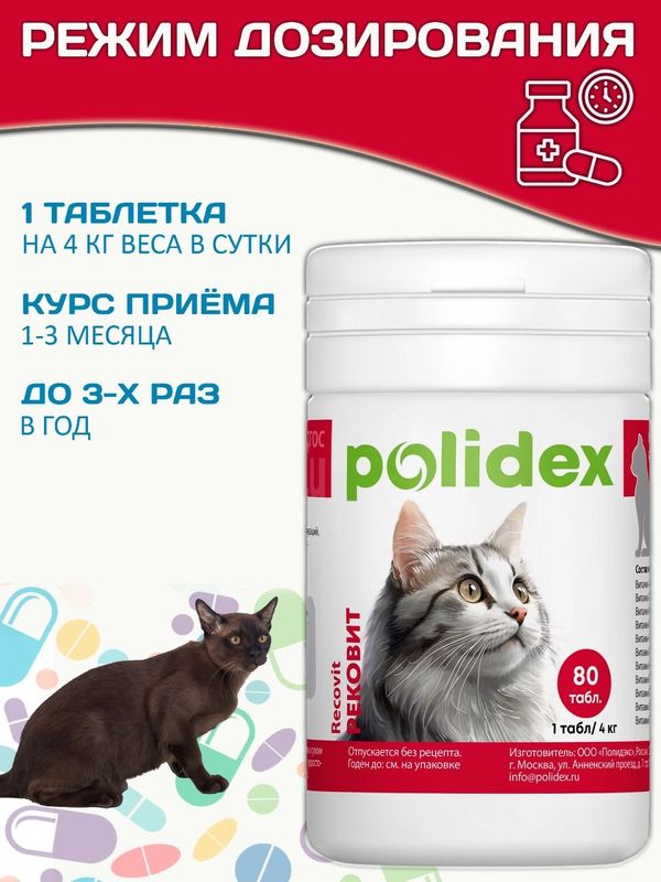 Polidex Recovit для кошек кормовая добавка для восстановления организма после операций, травм, больших потерь крови, Полидекс Рековит, 80 таб