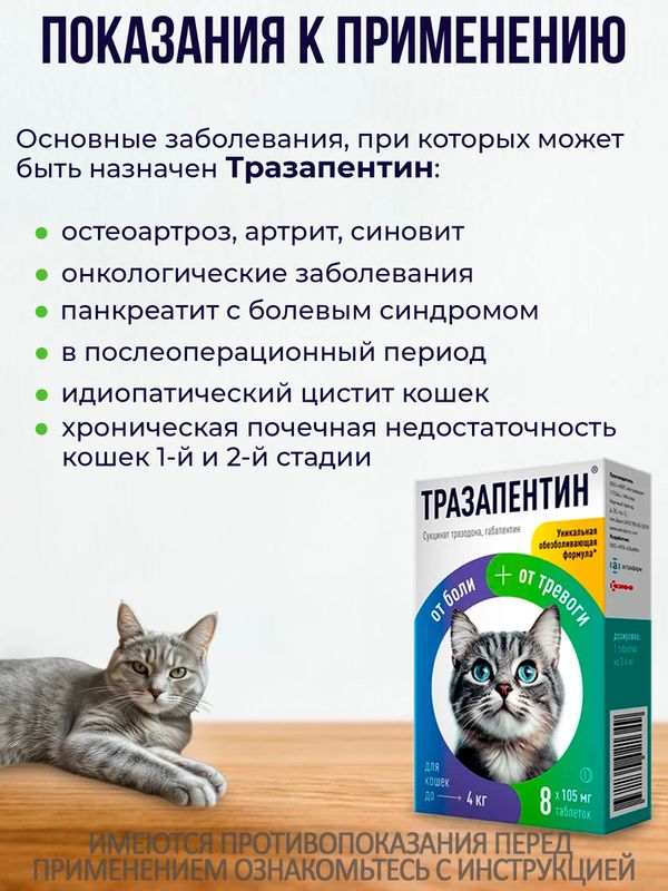 Тразапентин таблетки при боли и тревоге для кошек до 4кг, 8 таблеток Габапентин/Тразодон