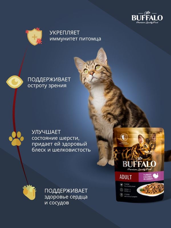 Корм для кошек влажный Mr.Buffalo ADULT SENSITIVE паучи индейка в соусе 85 г х 28 шт