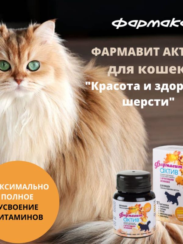 Фармавит Актив витамины для кошек Красота и здоровье шерсти,60таблеток
