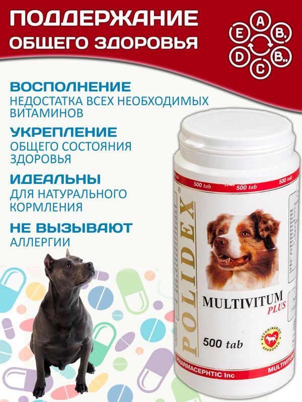 Polidex Multivitum Plus для собак для профилактики нарушений обмена веществ, витаминной и минеральной недостаточности, улучшения внешнего вида у собак Полидекс Мультивитум Плюс, 500таб