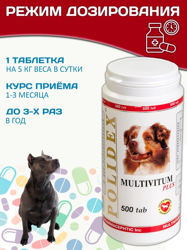 Polidex Multivitum Plus для собак для профилактики нарушений обмена веществ, витаминной и минеральной недостаточности, улучшения внешнего вида у собак Полидекс Мультивитум Плюс, 500таб