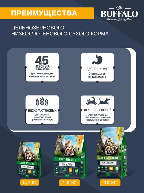 Cухой корм CASTRATED Mr.Buffalo с курицей для стерилизованных котов и кошек, 0,4кг