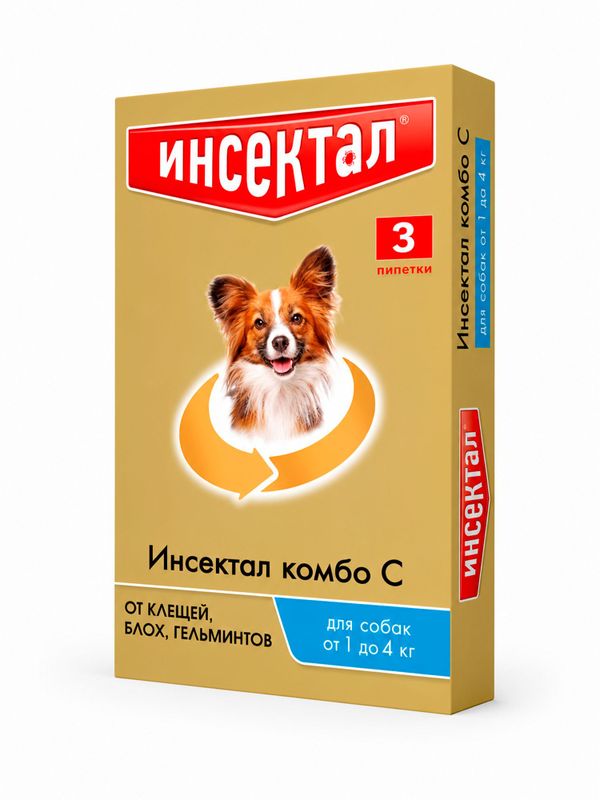 Капли на холку от клещей, блох и гельминтов для собак от 1-4 кг Инсектал комбо С (Neoterica), 3 пипетки Фипронил/Моксидектин
