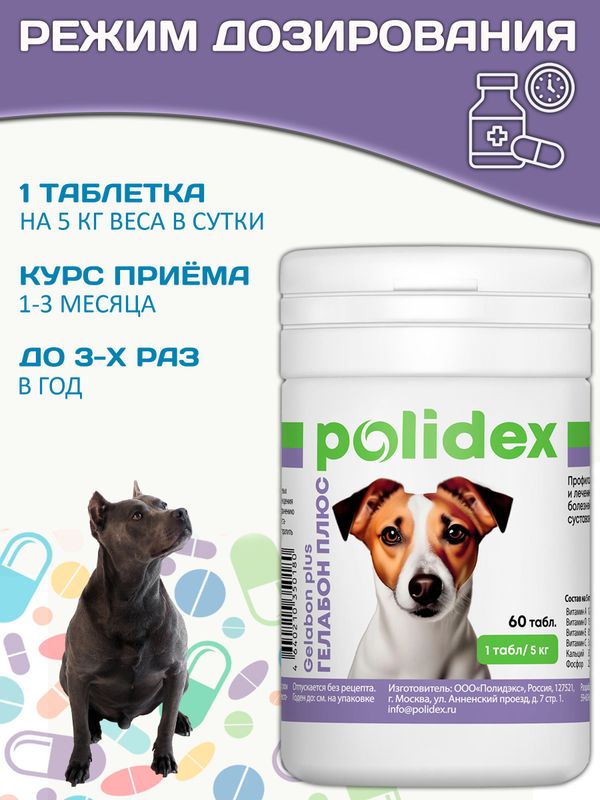 Polidex Gelabon Plus кормовая добавка для собак и щенков Профилактика заболеваний опорно-двигательного аппарата Полидекс Гелабон Плюс, 60таб