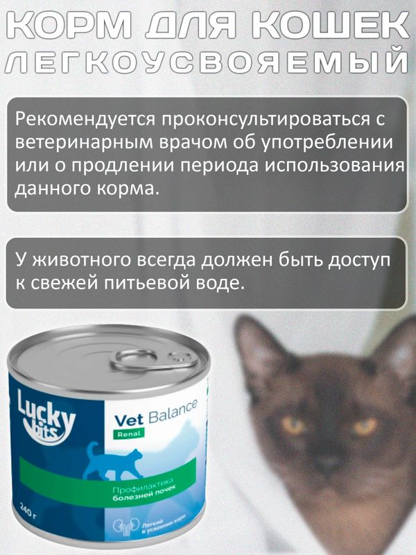 Lucky bits Renal 12 банок по 240г полнорационный консервированный диетический корм при хронической почечной недостаточности и ее осложнениях, у взрослых и стареющих кошек