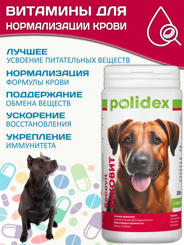 Polidex Recovit кормовая добавка для восстановления организма собак после укуса клеща, операций, травм, потерь крови Полидекс Рековит,300таб
