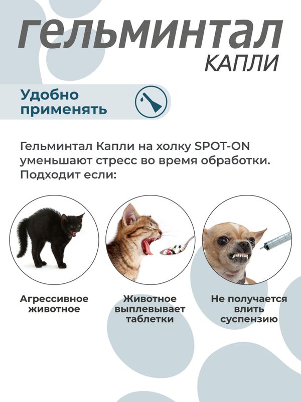 Капли на холку от блох, клещей и гельминтов для кошек 4-10 кг Гельминтал К SPOT-ON (Neoterica), 3 пипетки Моксидектин/Празиквантел