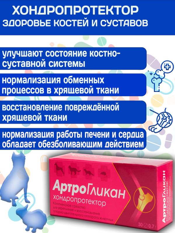 Кормовая добавка, хондропротектор нового поколения, улучшающая состояние печени и сердца у кошек, собак, крыс и хорьков АртроГликан (Биоцентр), 30таблеток