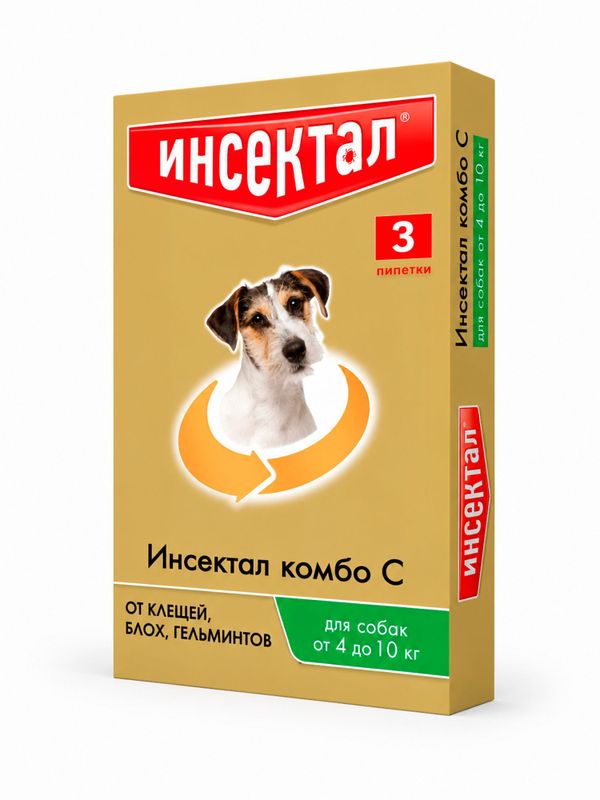 Капли на холку от клещей, блох и гельминтов для собак от 4-10 кг Инсектал комбо С (Neoterica), 3 пипетки Фипронил/Моксидектин