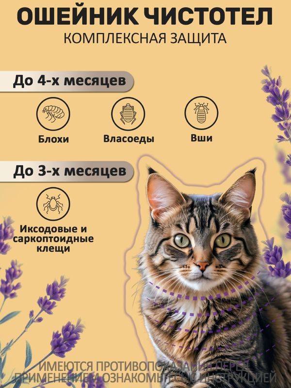 Ошейник от блох и клещей с маслом лаванды для кошек фиолетовый, 40см Чистотел Максимум (Экопром) Фипронил/Перметрин