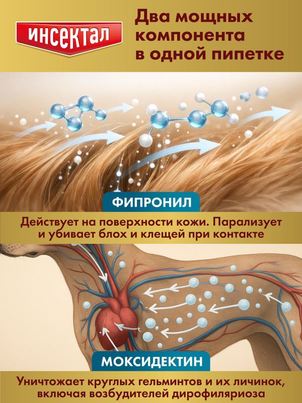 Капли на холку от клещей, блох и гельминтов для собак от 40-60 кг Инсектал комбо С (Neoterica), 3 пипетки Фипронил/Моксидектин