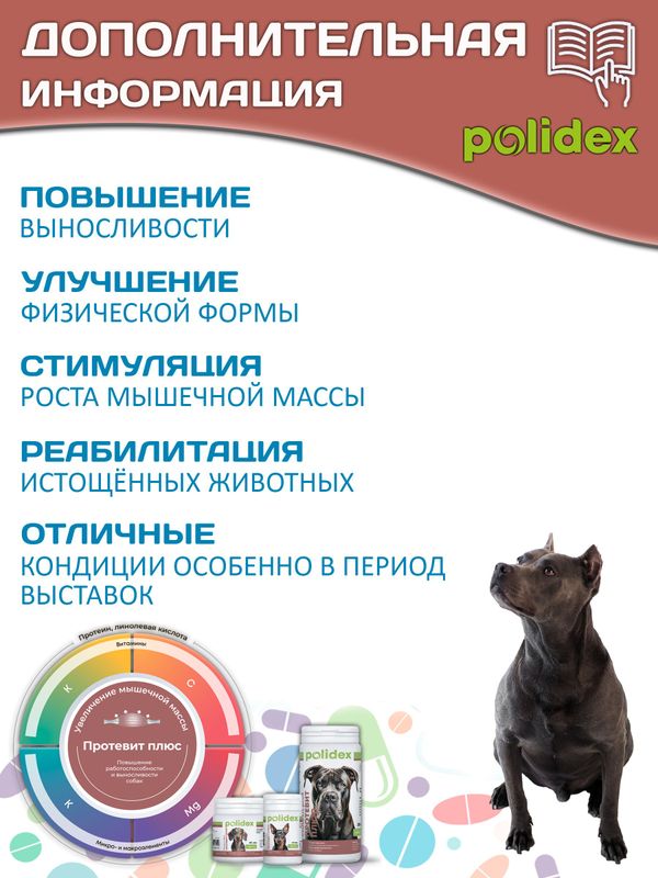 Polidex Protevit Plus для собак Кормовая добавка для увеличения мышечной массы, Полидек Протевит Плюс, 150 таб