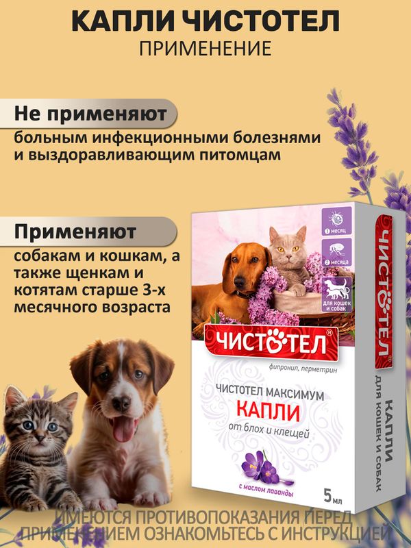 Капли от блох и клещей для кошек и собак с маслом лаванды Чистотел Максимум (Экопром),5мл Фипронил/Перметрин