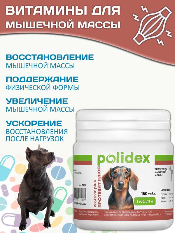 Polidex Protevit Plus для собак Кормовая добавка для увеличения мышечной массы, Полидек Протевит Плюс, 150 таб
