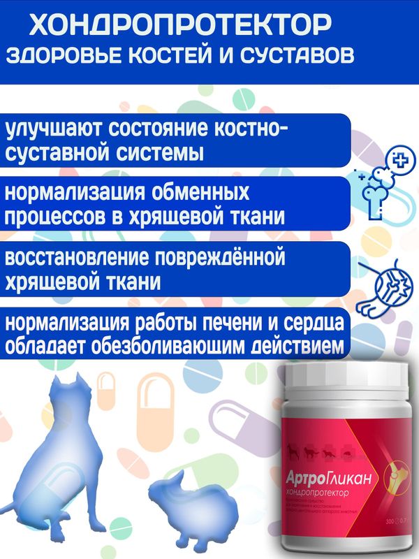 Кормовая добавка, хондропротектор нового поколения, улучшающая состояние печени и сердца у кошек, собак, крыс и хорьков АртроГликан (Биоцентр), 300таблеток