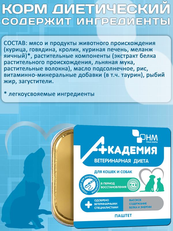 ВЕТДИЕТА Академия корм влажный для кошек и собак в период восстановления,14х110г