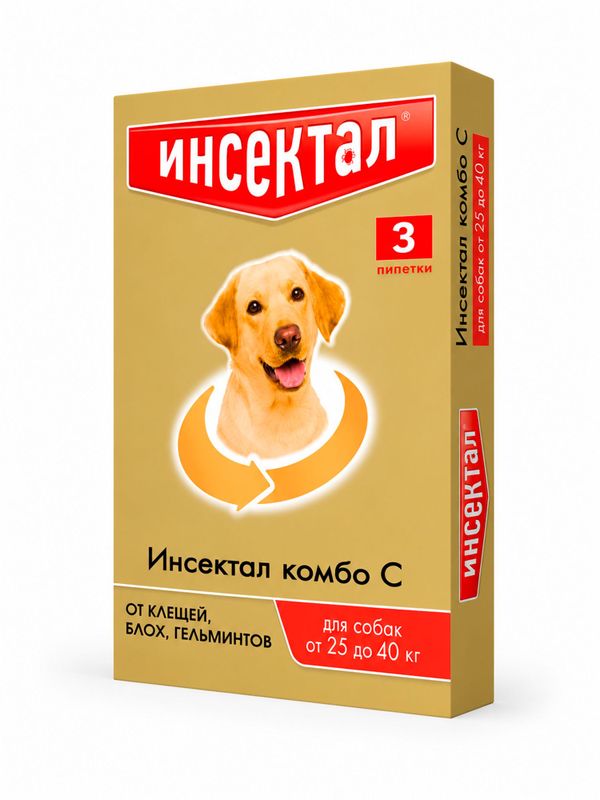Капли на холку от клещей, блох и гельминтов для собак от 25-40 кг Инсектал комбо С (Neoterica), 3 пипетки Фипронил/Моксидектин