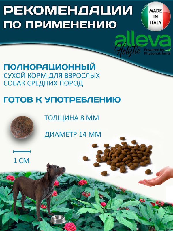 Корм Аллева Холистик Holistic Chicken & Duck + Aloe vera & Ginseng Medium для взрослых собак средних пород, с курицей и уткой, алое вера и женьшенем, 2 кг