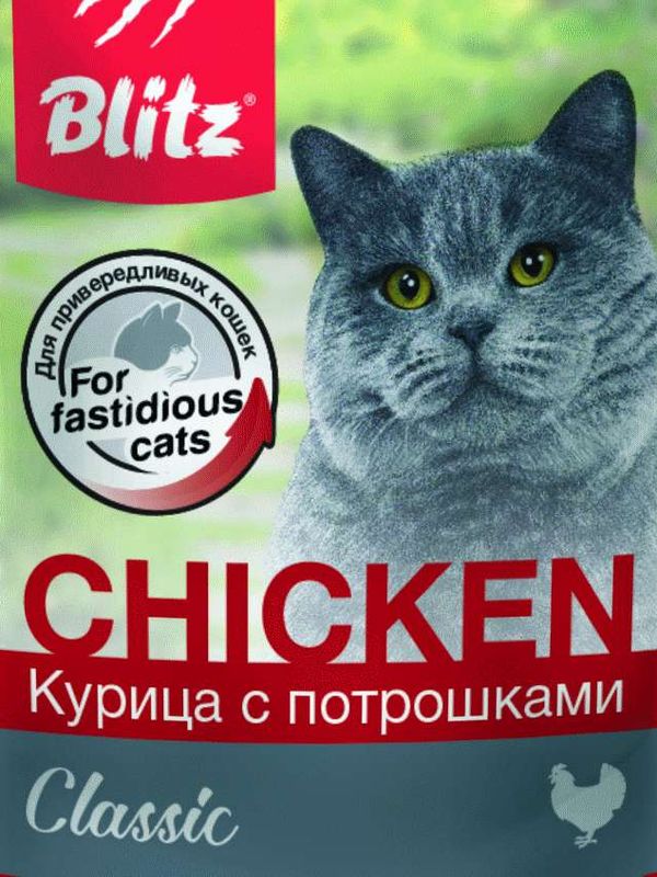 Влажные корма для кошек Blitz Classic  на курочке в ассортименте,  паучи по  85 грамм