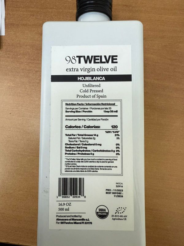 98 TWELVE - extra virgin olive oil 0.5l, ORGANIC, COLD PRESSED, UNFILTERED, GLASS BOTLLE