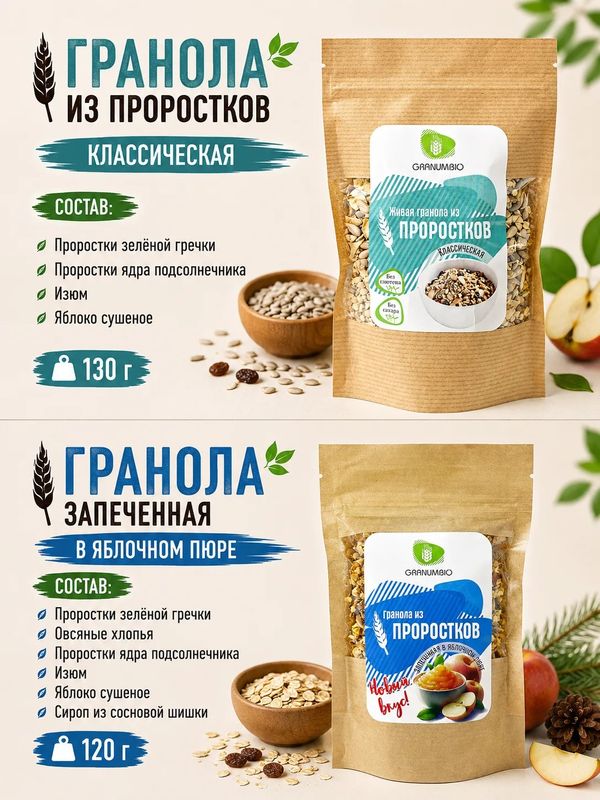 НАБОР ИЗ 8 ВКУСОВ Живой гранолы из проростков, 1030 гр