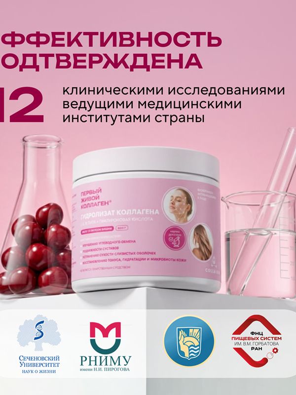 ЖИВОЙ КОЛЛАГЕН со вкусом вишни, с гиалуроновой кислотой, 500 г, курс на 1,5 месяца