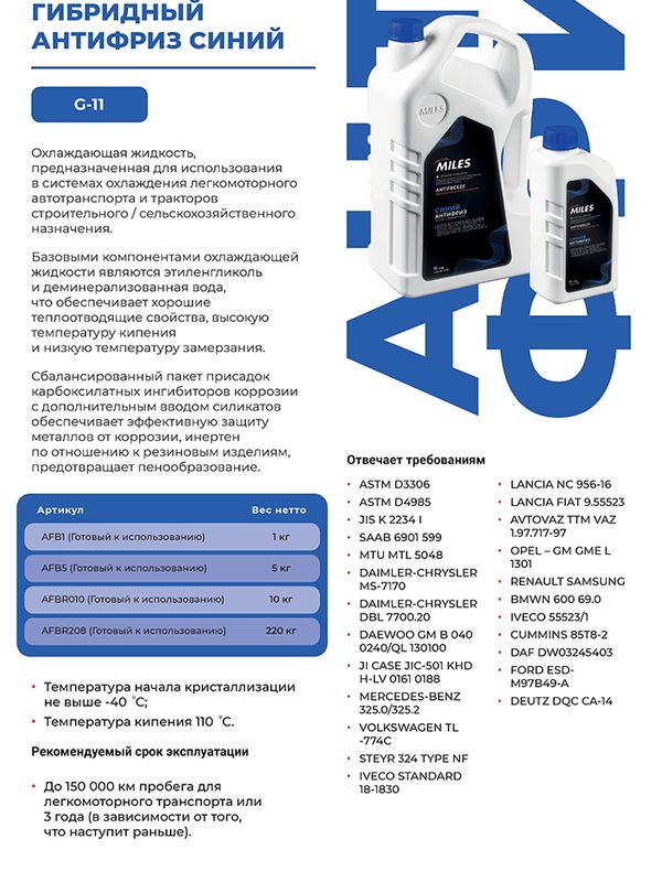 Антифриз MILES готов к применению G11 (синий, SUPER LONG LIFE COOLANT -40C) 5кг AFB5
