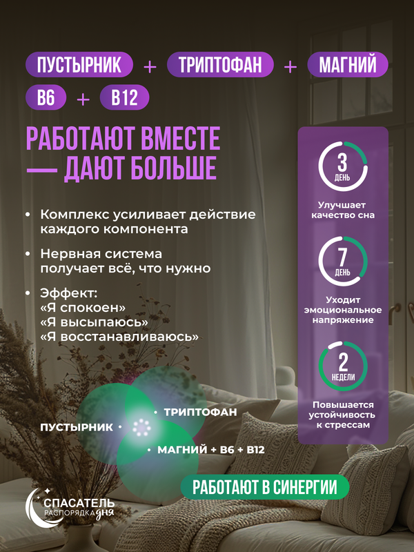 Спокойствие и сон Пустырник + триптофан + магний + витамины В6, В12 СПАСАТЕЛЬ распорядка дня