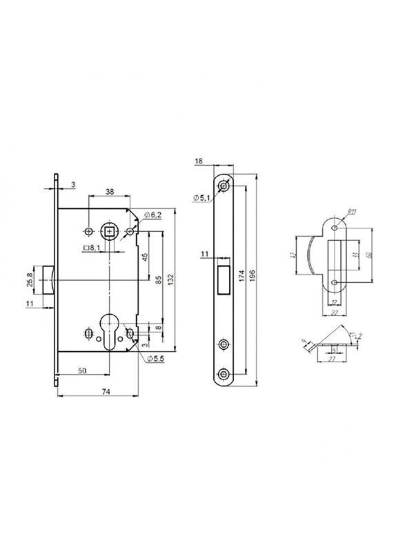 Корпус замка PL85-50 CP хром (Пунто)