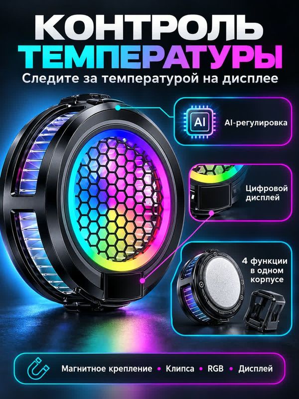 Кулер для телефона UrsTech TL10-AI магнитный, AI-контроль температуры, RGB, клипса