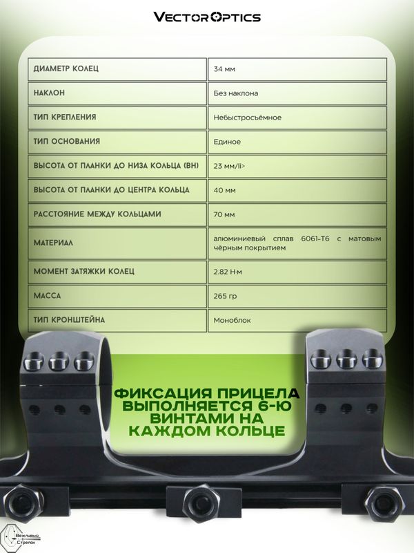 Кронштейн Vector Optics X-Accu 1.6 High Profile 34мм на Picatinny
