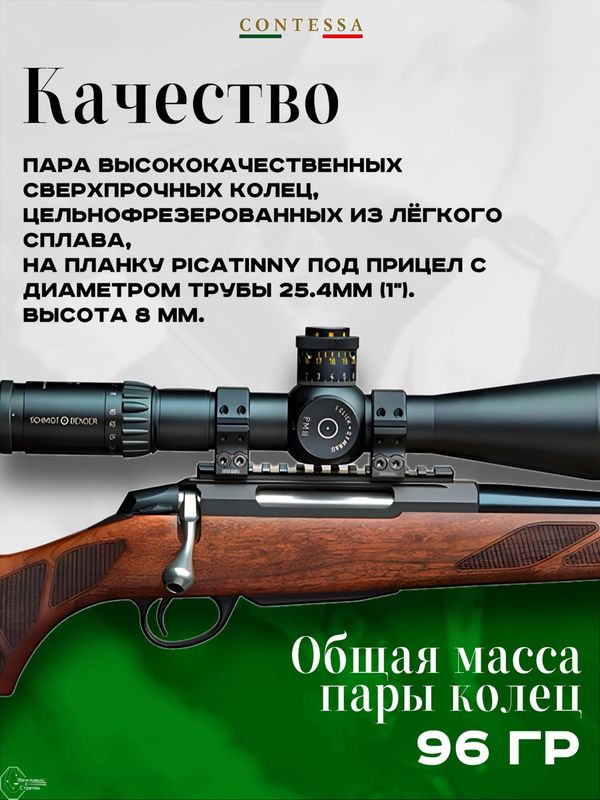Кольца Contessa 25,4мм на Picatinny, h 8мм, два стопора, алюминиевый сплав