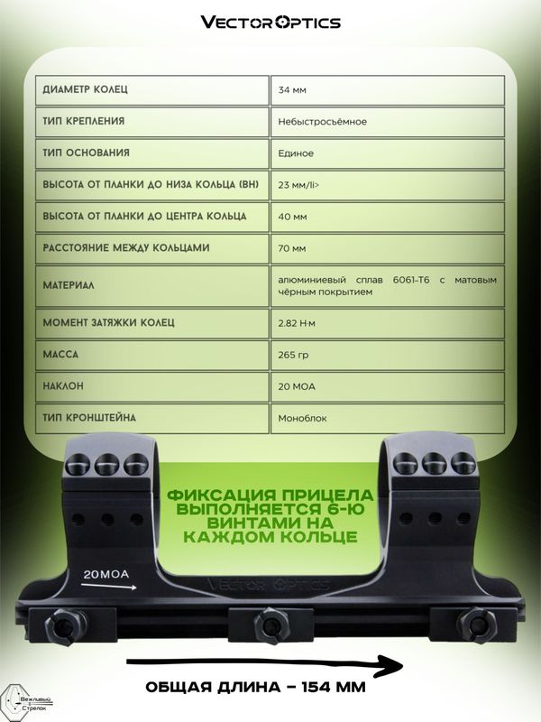 Кронштейн Vector Optics X-Accu 1.6 High Profile 34мм на Picatinny 20MOA
