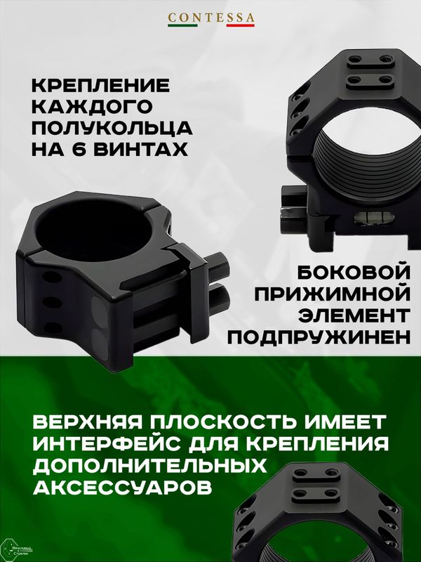 Кольца Contessa Tactical 30мм на Picatinny, h 10мм, два стопора, 6 винтов, встроенный уровень, алюминиевый сплав