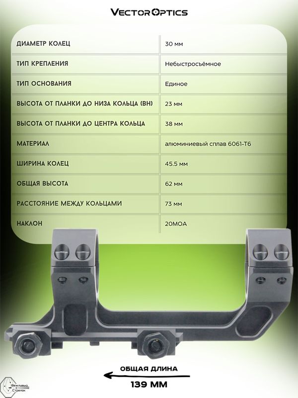 Кронштейн Vector Optics 1-Piece Extended Picatinny AR Mount 30мм 20MOA